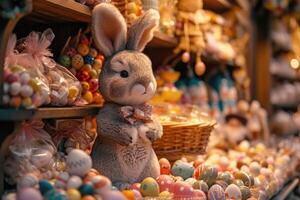 AI generated Easter bunny with is surrounded by an assortment of colorful Easter eggs and decorations photo