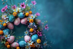 AI generated Wreath overflowing with spring flowers and Easter eggs in pastel colors on dreamy background photo