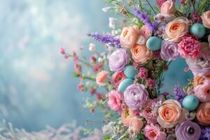AI generated Wreath overflowing with spring flowers and Easter eggs in pastel colors on dreamy background photo