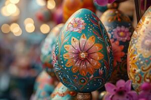 AI generated Hand painted Easter egg adorned with traditional folk patterns on bokeh background photo