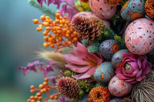 ai generado Pascua de Resurrección floral arreglo presentando brillante primavera flores y decorado huevos anidado foto