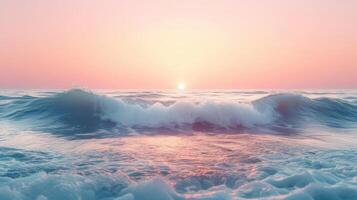 AI generated Pastel-colored sunrise skies reflect over tranquil ocean waves on a peaceful sandy beach. photo