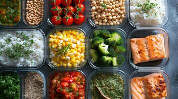 AI generated Pre-portioned meal prep containers filled with balanced foods including grains, proteins, and a variety of vegetables for healthy eating photo