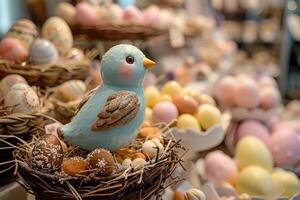 AI generated Easter displays decorated blue birds perched atop nests and decorated eggs photo