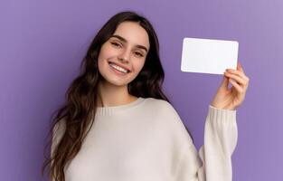 AI generated Young woman holds blank business card against purple background, personal branding photo