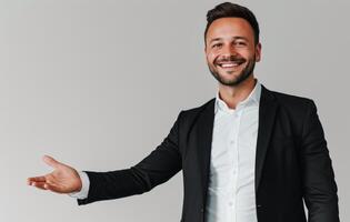 AI generated Smiling businessman extends hand on white background, brand launch concept photo