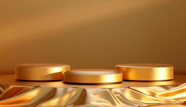 AI generated Three golden display podiums on a golden background, brand positioning image photo