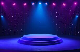 AI generated A blue round podium set against a dark background with vibrant lights, brand positioning photo