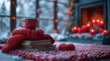 AI generated fireplace with tea cup and old books and decorations photo