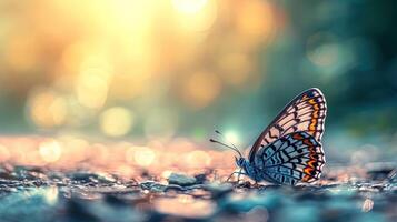 ai generado mariposa en el suelo con bokeh fondo, ai generativo foto