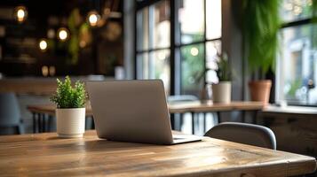 ai generado ordenador portátil en un de madera mesa en un cafetería. trabajo desde hogar concepto, ai generativo foto