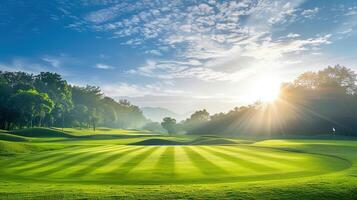 ai generado hermosa golf curso en el Mañana con Dom rayos y lente llamarada, ai generativo foto