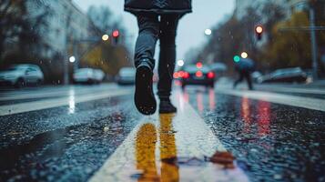 ai generado cerca arriba de el piernas de un joven hombre caminando a lo largo un mojado calle durante el lluvia, ai generativo foto