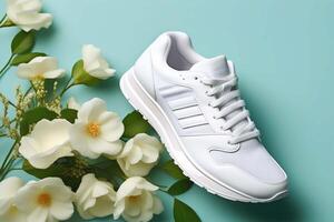 AI generated White sneakers on a blue background. Fashionable shoes for walking and sports. photo