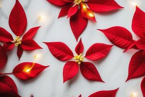 AI generated Red poinsettia flowers and burning candles. Festive cozy interior decoration, winter Christmas concept. photo