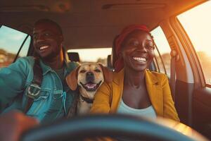 ai generado contento africano americano mujer con perro en coche. foto