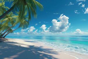 AI generated Tropical beach with palm trees and turquoise sea. photo