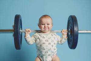 AI generated Baby with Surprised Expression Holding Barbell with AI generated. photo