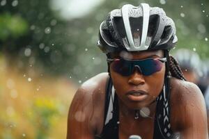 ai generado determinado ciclista formación en el lluvia con ai generado. foto