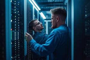 AI generated Two young technicians working in datacenter server room. photo