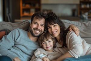 ai generado retrato de un contento familia a hogar. padre, madre y hija son sonriente. foto