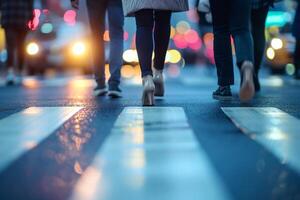 AI generated Close up of walking people on pedestrian crossing in city at night. photo