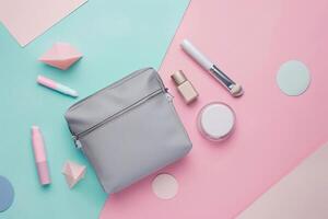 AI generated Cosmetic Products and Accessories Flat Lay with AI generated. photo