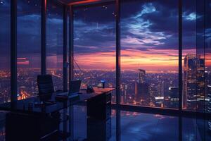 ai generado moderno oficina escritorio con ciudad horizonte a noche. foto