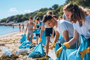 AI generated Volunteers Cleaning Up Beach Pollution with AI generated. photo