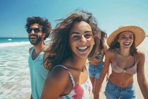 AI generated Group of friends having fun on the beach. Happy young people walking on the beach and having fun. photo