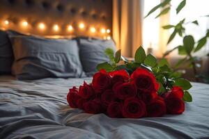 ai generado ramo de flores de rojo rosas en el cama en el dormitorio foto