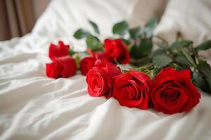 ai generado un hermosa ramo de flores de rojo rosas mentiras en un prístino blanco colcha foto