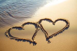 ai generado un par de corazones dibujado en el arena en un playa a puesta de sol foto