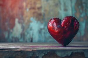 ai generado un rojo corazón sentado en parte superior de un de madera mesa. foto