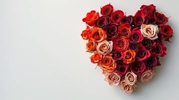 ai generado un corazón conformado arreglo de rosas en un blanco antecedentes. foto