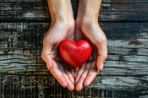 ai generado un par de manos participación un corazón en contra un fondo de resistido de madera tablones foto