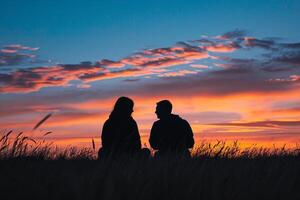 ai generado silueta hombre y mujer sentado en contra un dramático puesta de sol foto