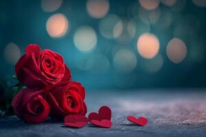 ai generado rojo rosas con agua gotas y pequeño en forma de corazon recortes en un temperamental iluminado con bokeh antecedentes foto