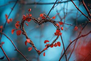 ai generado natural corazón forma formado por ramas en contra un suave azul antecedentes foto