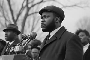 AI generated Black and white image of a focused man speaking into a cluster of microphones at an outdoor event photo