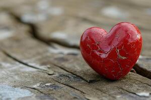 ai generado un roto rojo corazón en un de madera superficie foto