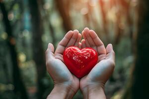 ai generado un de la persona manos participación un rojo corazón en el bosque foto