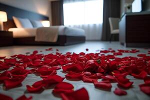 AI generated Red rose petals on the floor of a bedroom photo