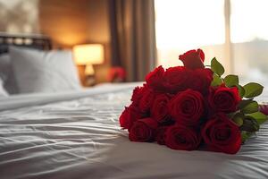 AI generated A bouquet of red roses placed on a neatly made bed photo