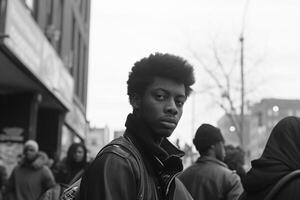 ai generado un negro y blanco fotografía representa un joven hombre frente a el cámara en un ciudad calle foto