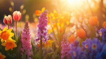 AI generated Spring flowers in sunny day in nature, Hyacinths, Crocuses, Daffodils, tulips, Colorful natural spring background, photo