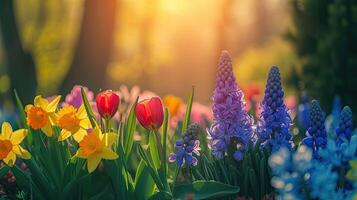 AI generated Spring flowers in sunny day in nature, Hyacinths, Crocuses, Daffodils, tulips, Colorful natural spring background, AI generated photo