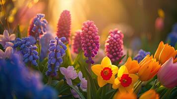 AI generated Spring flowers in sunny day in nature, Hyacinth, Crocus, Daffodil, tulip,,Colorful natural spring background, AI generated photo