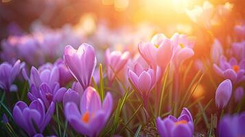 AI generated Spring flowers in sunny day in nature, blooming crocus,Crocuses photo