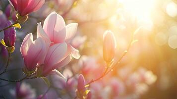 AI generated Spring flowers in sunny day in nature, blooming Magnolia, Colorful natural spring background, AI generated photo